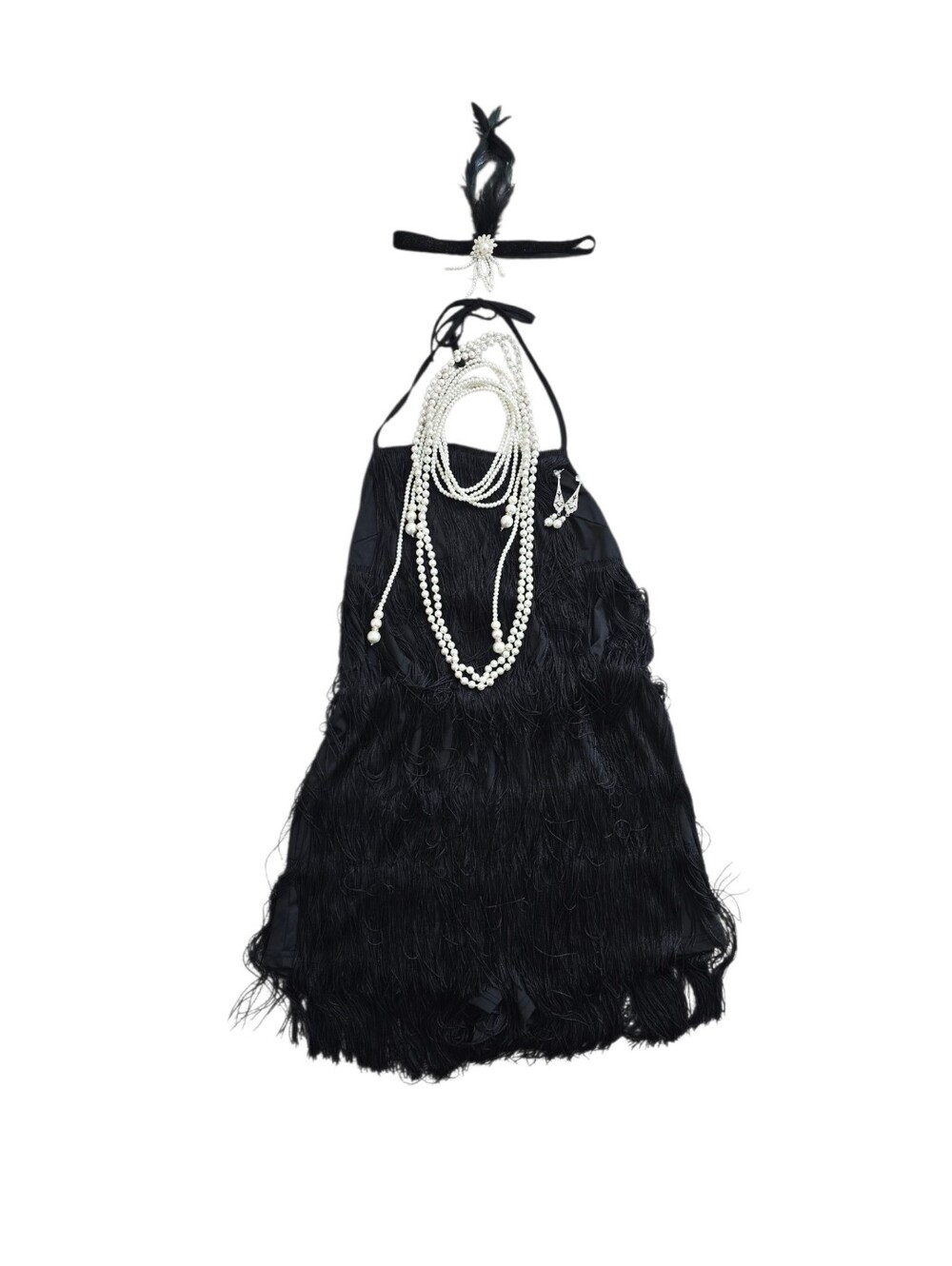 Women's 1920s Black Flapper Costume Fringe Romper With Headband & Jewelry